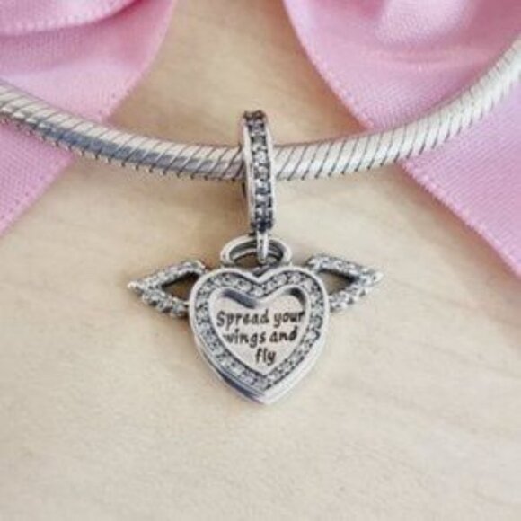 Pandora Jewelry Heart and Angel Wings Dangle Cubic Zirconia Charm in Sterling Si - Picture 2 of 3